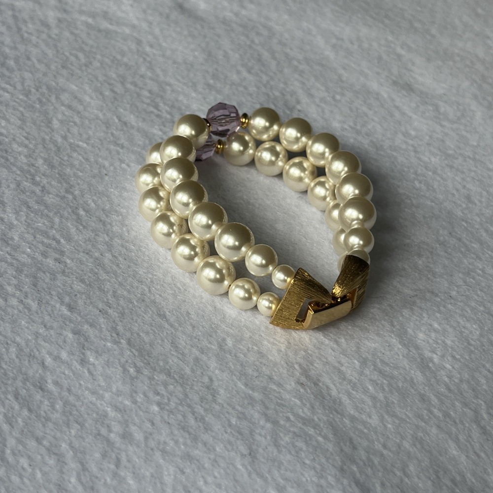 Vintage Signed Napier White Faux Pearl Pink Crystal Bead Double Strand Bracelet